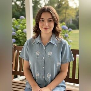 VINTAGE EMBROIDERED DENIM CHAMBRAY cotton “Casey & Max” Women's Top cottagecore